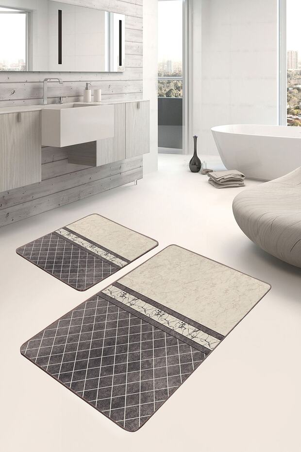 Cream - Diamond Geometric Classic 2-Piece Bathroom & Kitchen Mat Set with Marble Motif on Brown Floor