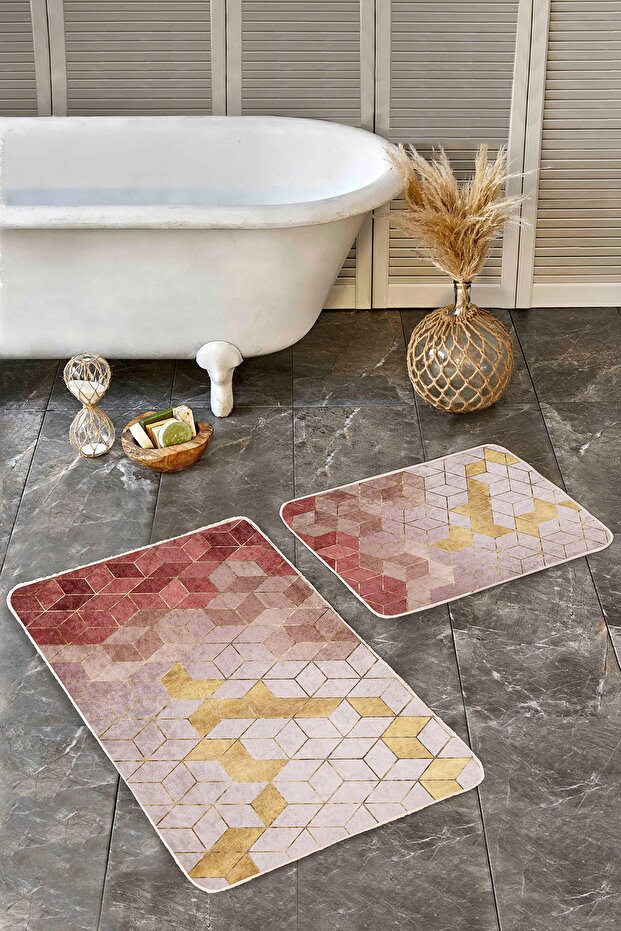 Cream - Geometric Patterned with Mosaic Motif on Gold Floor, Simple & Stylish 2-Piece Bath Mat Set