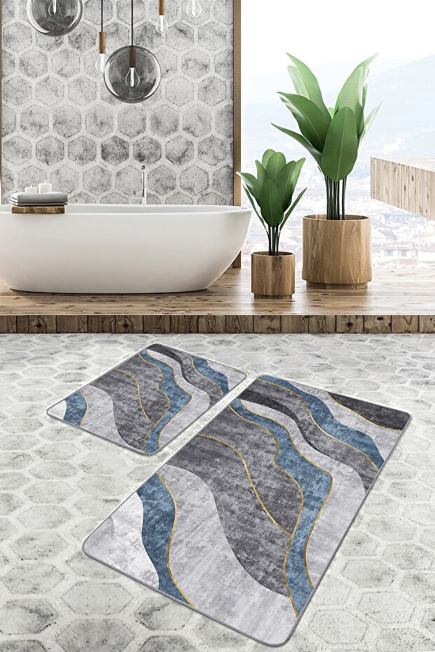Smoked - Modern Art Simple & Stylish Classic 2-Piece Bathroom & Kitchen Mat Set with Canvas Motif on Blue Background