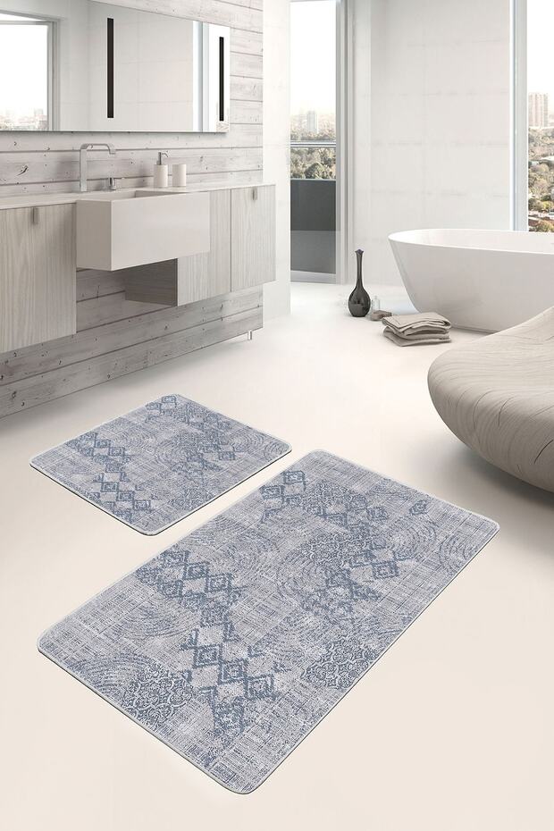 Set of 2 Plain & Stylish 2-Piece Bathroom Mat Set with Knitted Motif on Gray Floor and Antique Patterned
