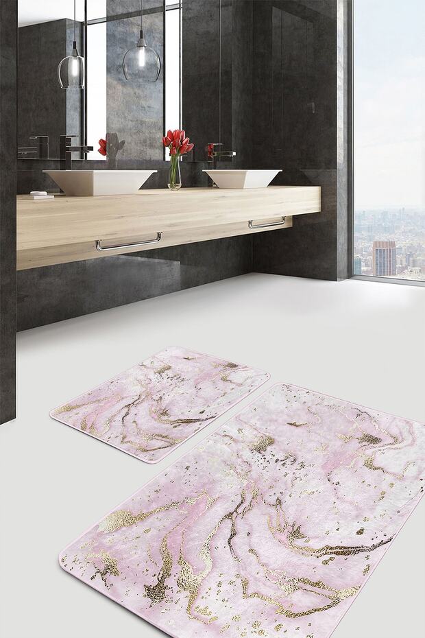 Set of 2 Pink Gold Gold Gold Motif Marble Patterned Modern Simple & Stylish 2-Piece Bathroom Mat Set