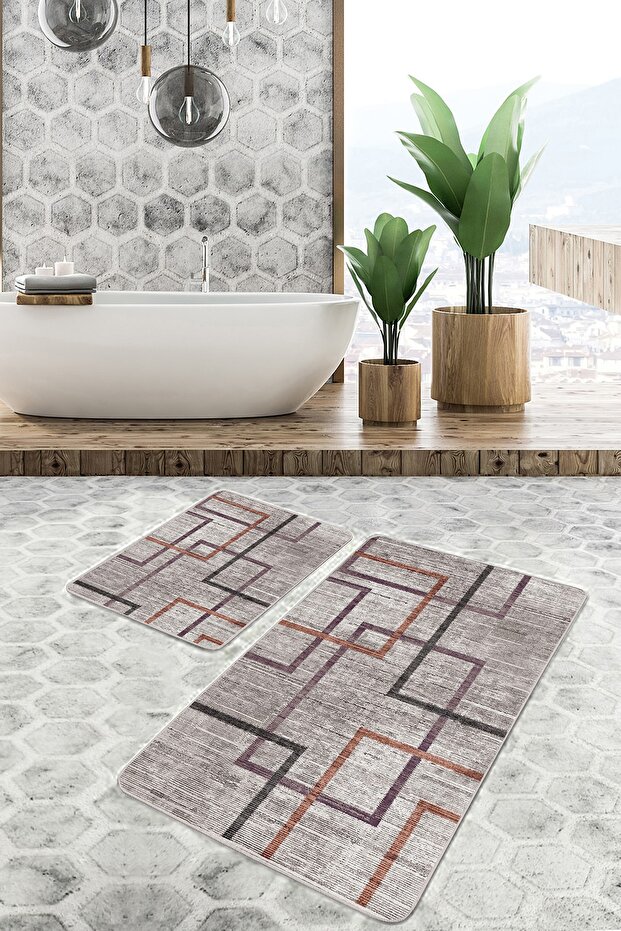 Geometric Motif Knitted Patterned Geometric Antique Motif 2-Piece Bath Mat Set on Brown Floor