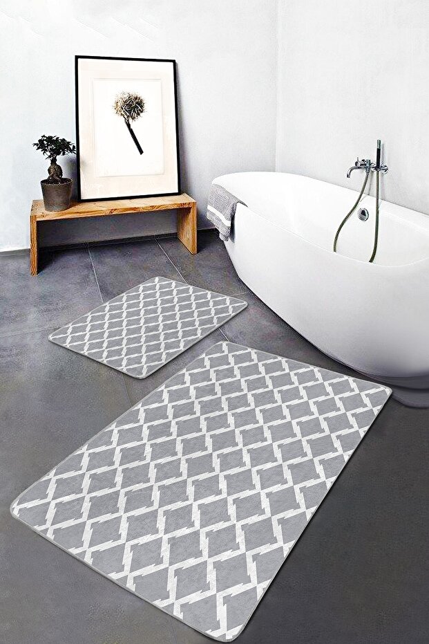 Gray - White Geometric Motif Diamond on White Floor Geometric Simple & Stylish 2-Piece Bathroom & Kitchen Mat Set