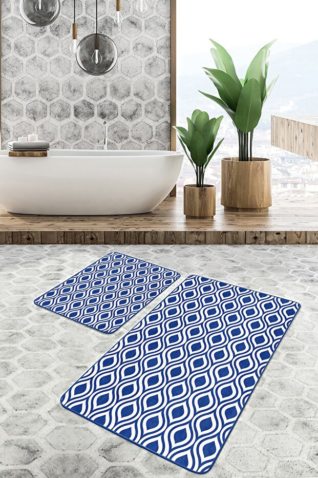 Set of 2 Classic Patterned Geometric Classic 2-Piece Bathroom Mat Set with Geometric Motifs on Dark Blue Floor