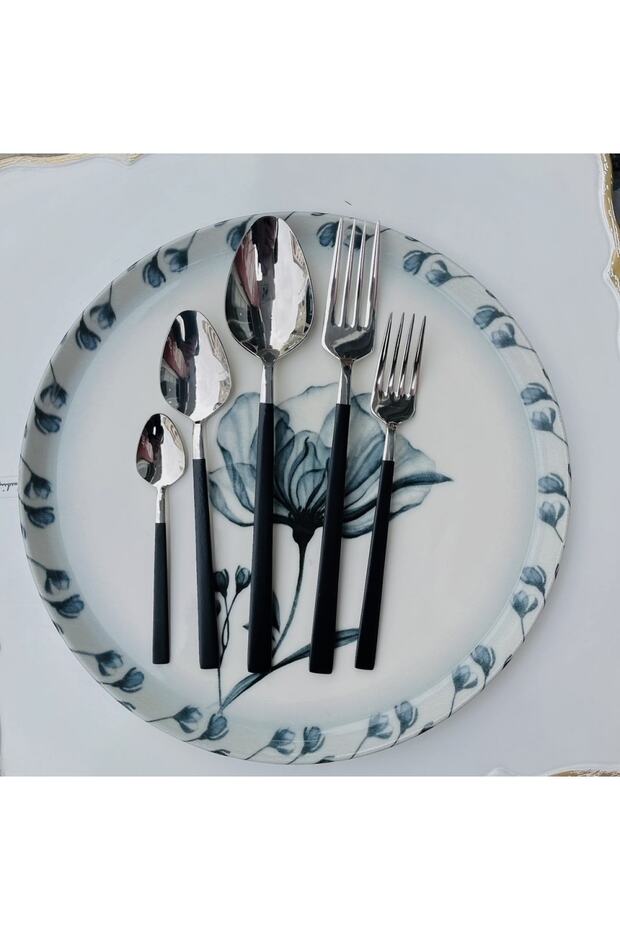 طقم ملاعق وشوكة سوداء سادة من الماس 84 قطعة لـ 12 شخصًا