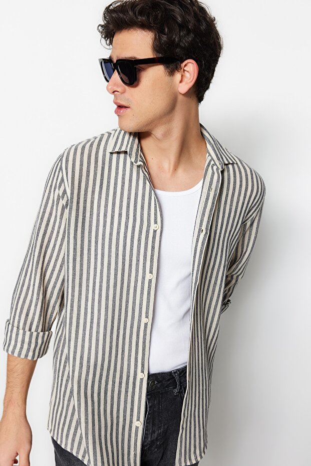 Lacivert Regular Fit Çizgili Dokulu Keten Görünümlü Gömlek TMNSS23GO00062 - 1