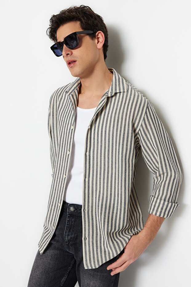 Lacivert Regular Fit Çizgili Dokulu Keten Görünümlü Gömlek TMNSS23GO00062 - 2