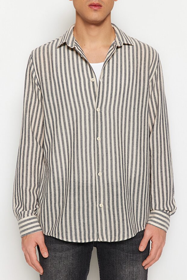 Lacivert Regular Fit Çizgili Dokulu Keten Görünümlü Gömlek TMNSS23GO00062 - 3