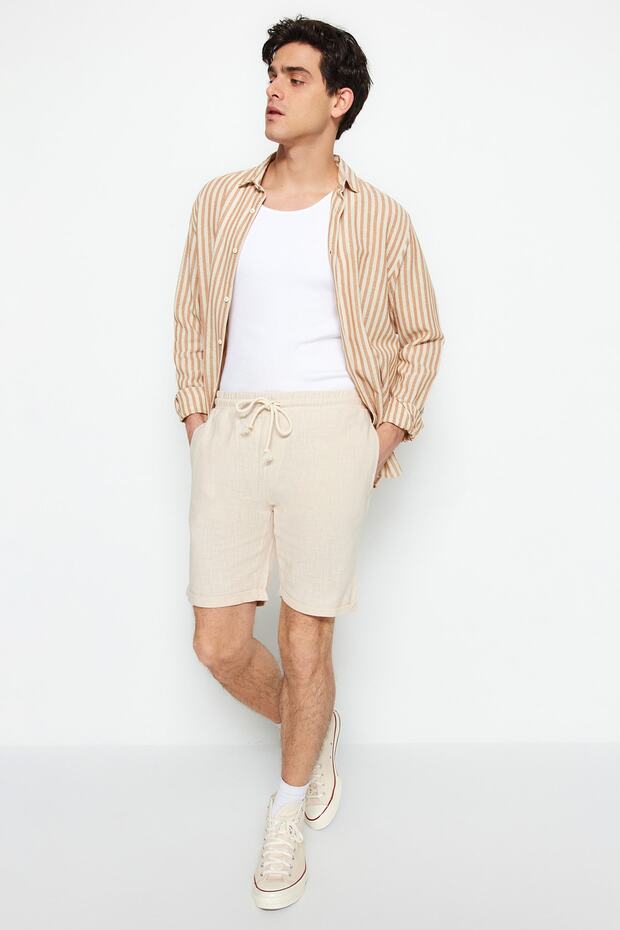 Ekru Normal Kesim/Regular Fit %100 Pamuk Keten Görünümlü Şort TMNSS23SR00030 - 9