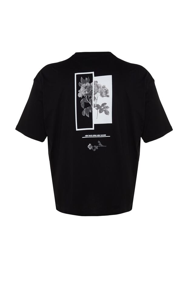 Siyah Büyük Beden Oversize/Geniş Kesim Rahat Çiçek Baskılı %100 Pamuklu T-Shirt TMNSS23TS00136 - 14