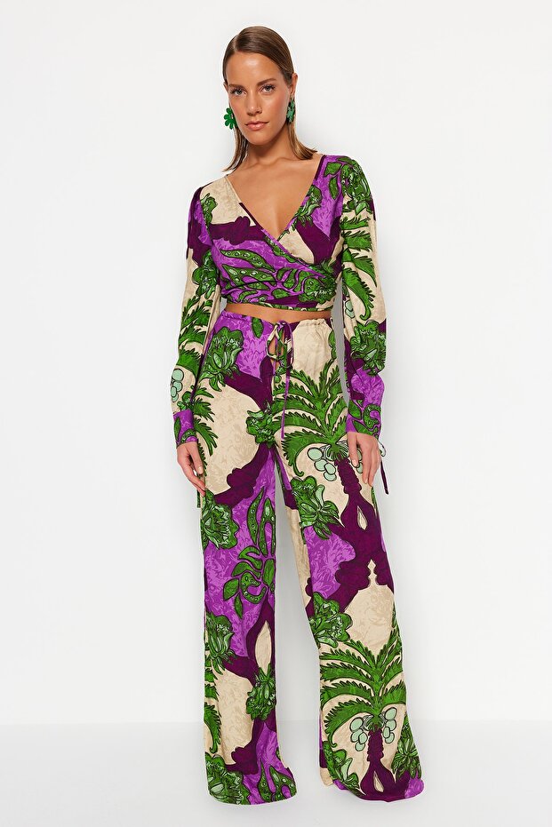 Tropikalny wzór Tkanina plażowa Wysoki stan Bluza-spodnie TBESS23AU00103 - 1