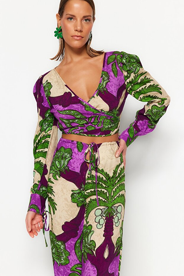 Tropikalny wzór Tkanina plażowa Wysoki stan Bluza-spodnie TBESS23AU00103 - 3