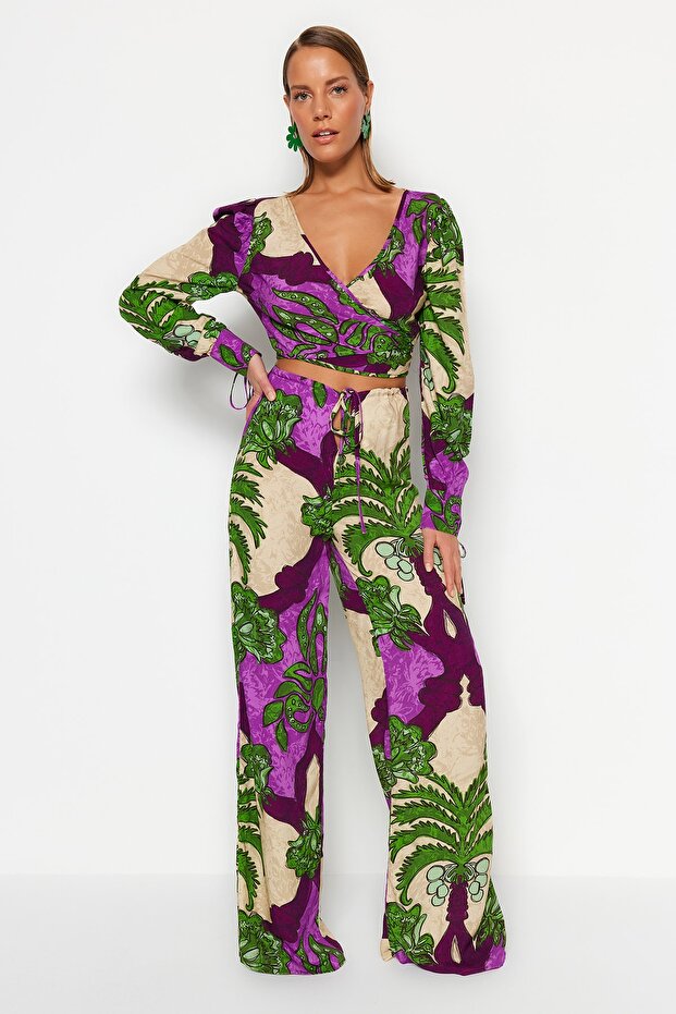 Tropikalny wzór Tkanina plażowa Wysoki stan Bluza-spodnie TBESS23AU00103 - 2