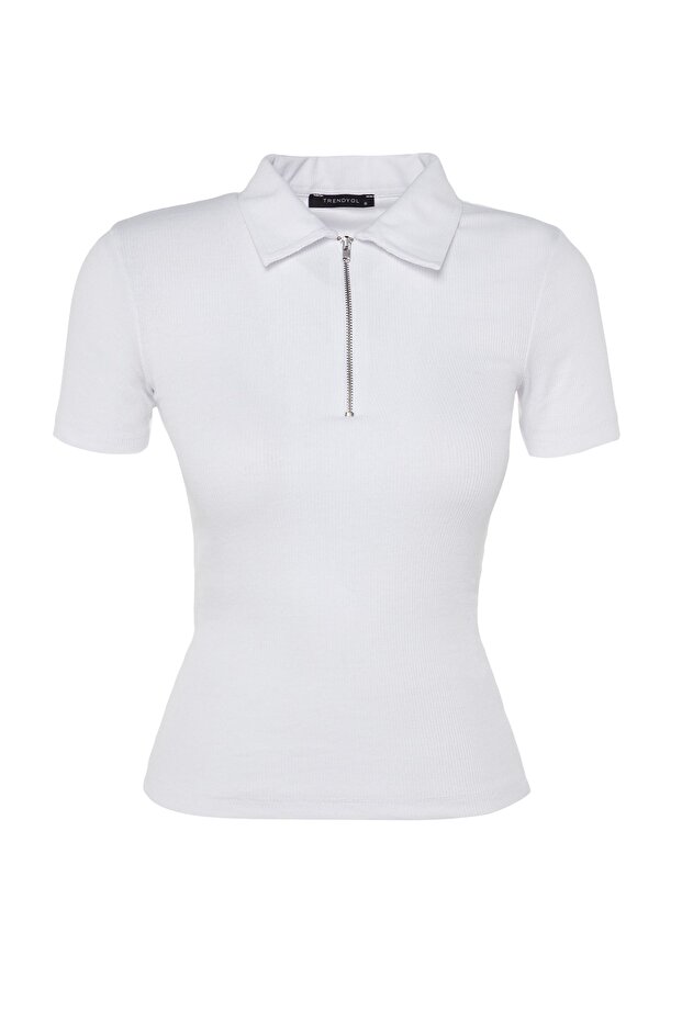 Beyaz Fermuar Detaylı Fitted/Vücuda Oturan Polo Yaka Fitilli Esnek Örme Bluz TWOSS23BZ00496 - 6