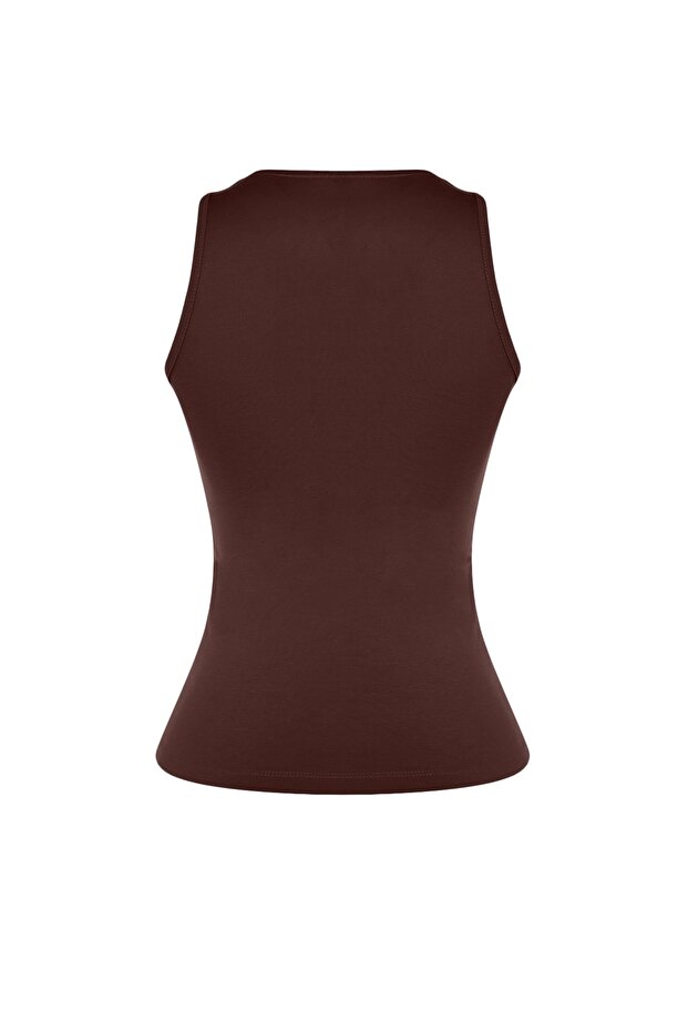 Kahverengi Pamuklu Halter Yaka Fitted/Vücuda Oturan Esnek Örme Atlet TWOSS23AL00069 - 8