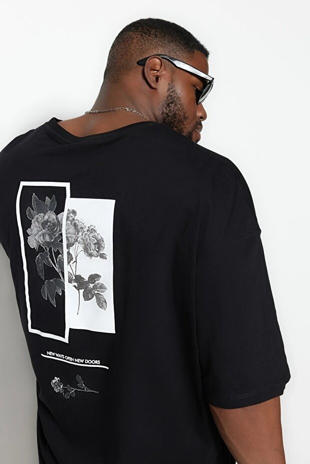 Siyah Büyük Beden Oversize/Geniş Kesim Rahat Çiçek Baskılı %100 Pamuklu T-Shirt TMNSS23TS00136 - 3