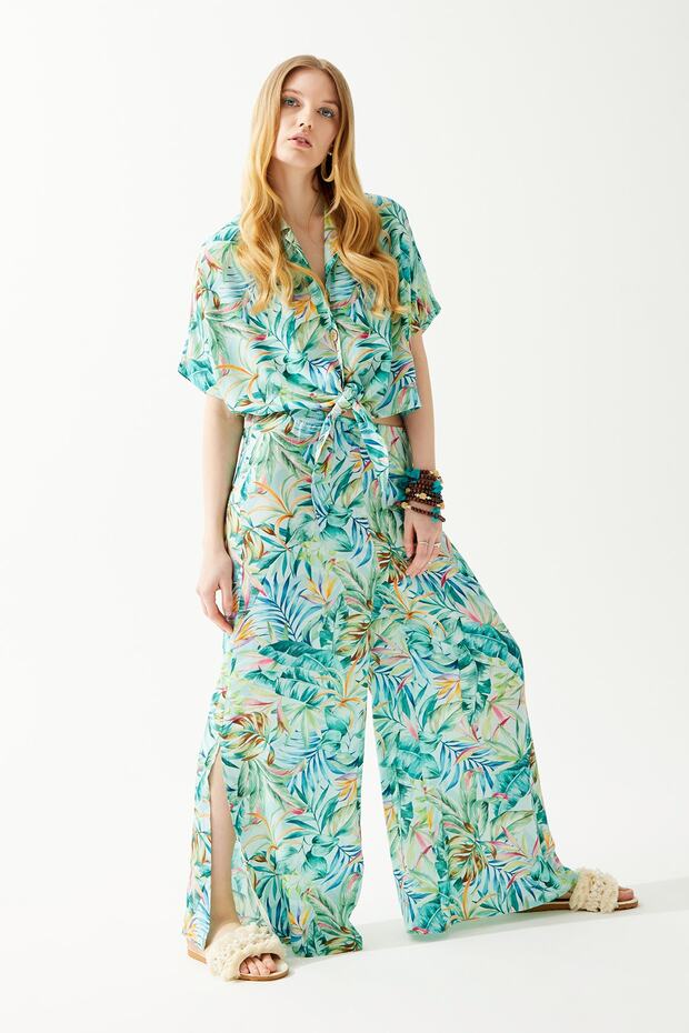 Tropical Pattern Summer Blouse and Trousers Set, Summer Cropped Two-Piece Set, Beach Set Beachwear Resortwear