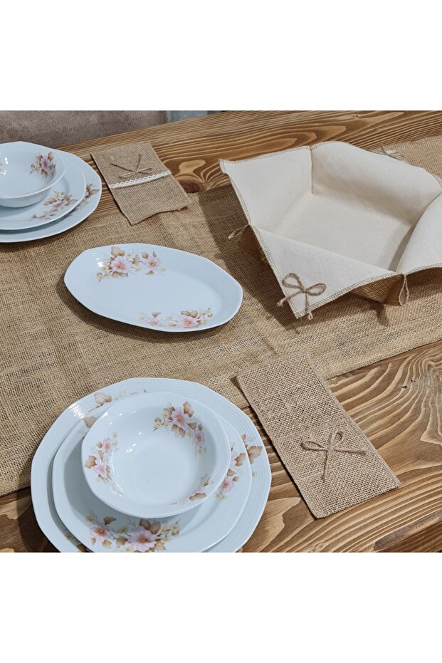 Jute 6-Person American Service Set / Runner + Cutlery Holder + Bread Bowl