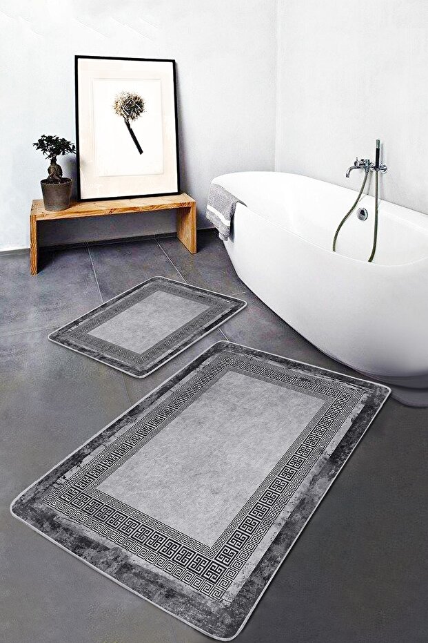 2-Piece Bathroom Kitchen Mat Set with Framed Motif and Antique Geometric Antique Motif on Gray Black Floor