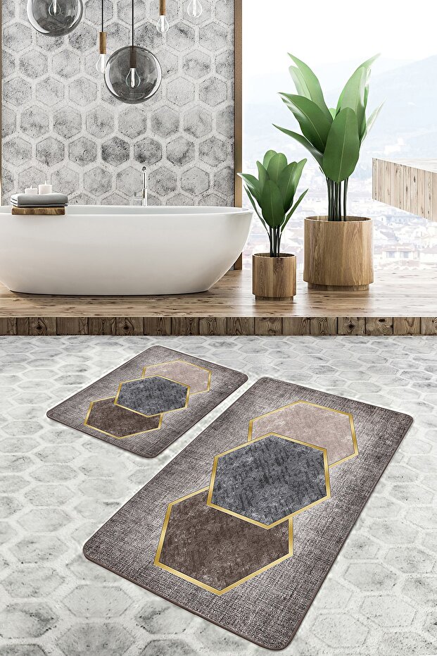 Set of 2 Hexagonal Motif Geometric Geometric Classic 2-Piece Bath Mat Set on Brown Floor