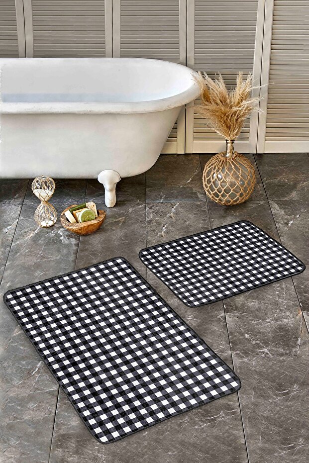 Set of 2 Black - White Plaid Motif Checked on the Floor Simple & Stylish Geometric 2-Piece Bath Mat Set
