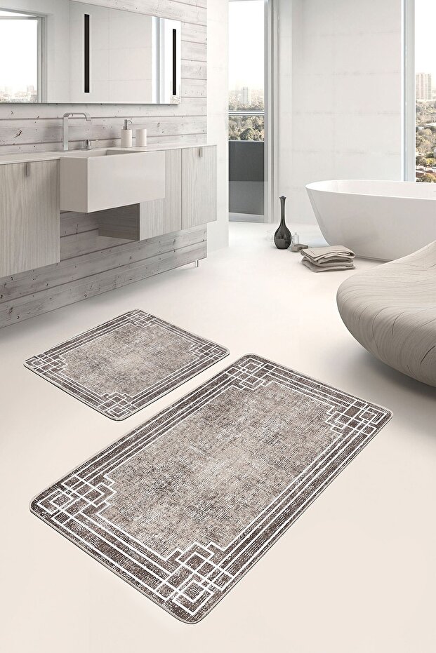 2-Piece Bath Mat Set with Framed Motif and Antique Patterned Antique Motif on Brown and White Floor