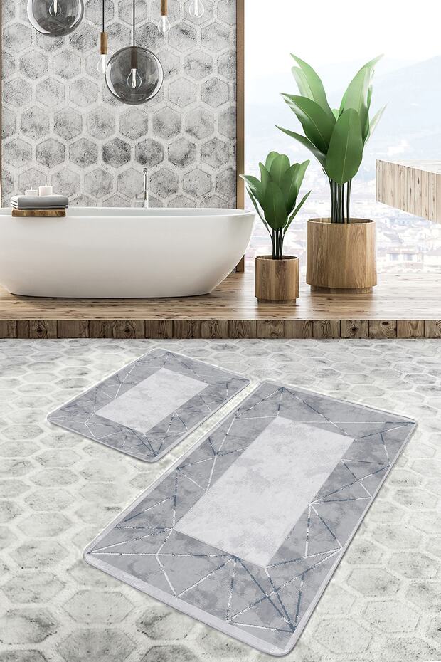 Set of 2 Simple & Stylish Geometric 2-Piece Bathroom Mat Set with Framed Motif and Marble Pattern on Gray Floor