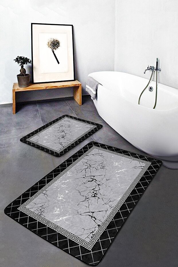 Set of 2 Geometric Classic 2-Piece Bath Mat Set with Framed Motif and Metallic Pattern on Marble Floor