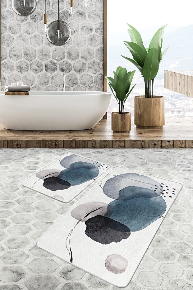 Bohemian Classic 2-Piece Bath Mat Set with Modern Art Motif Black Blue Oil Painting Pattern on Ecru Floor