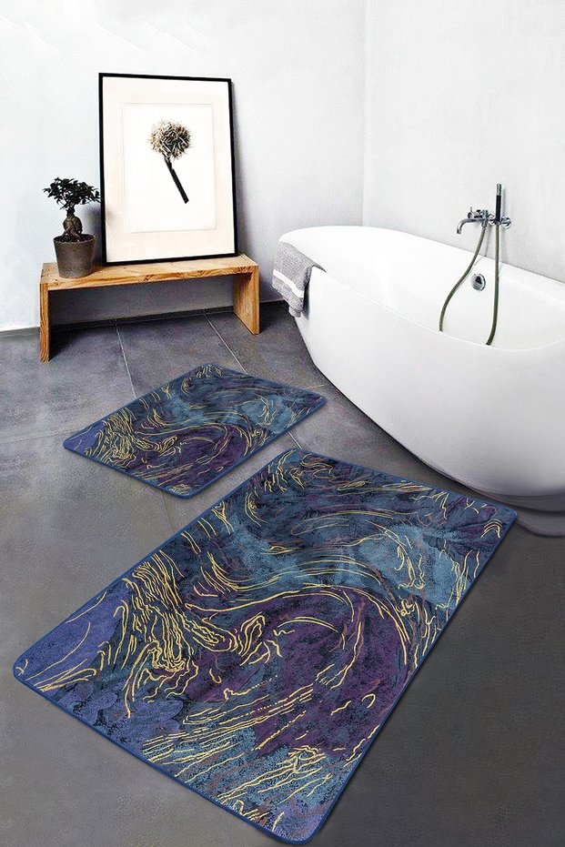 Set of 2 Painting on the Floor Canvas Motif Brush Strokes Patterned Modern Classic Set of 2 Bath Mat
