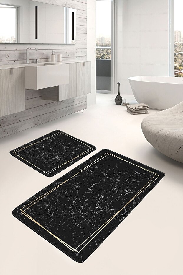 Black - Gold Framed Motif Marble Simple & Stylish Geometric 2-Piece Bathroom & Kitchen Mat Set