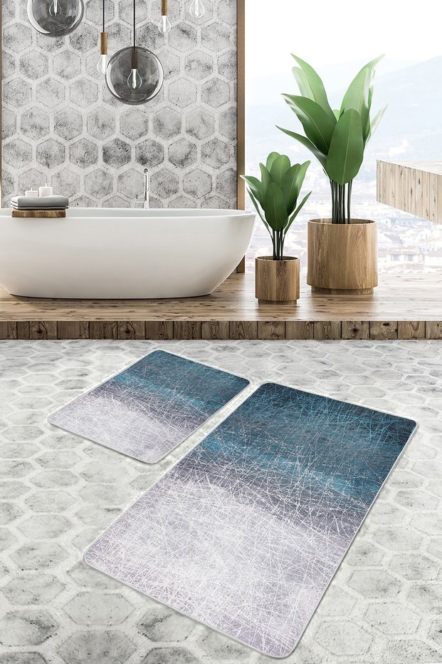 Vintage 2-Piece Bath Mat Set with Oil Painting Motif and Canvas Patterned Antique Motif on Blue - Gray Background