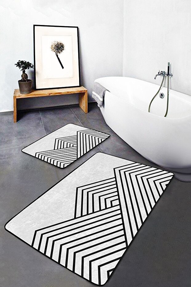 Black - White Triangle Motif Geometric Geometric Simple & Stylish 2-Piece Bathroom & Kitchen Mat Set on the Floor