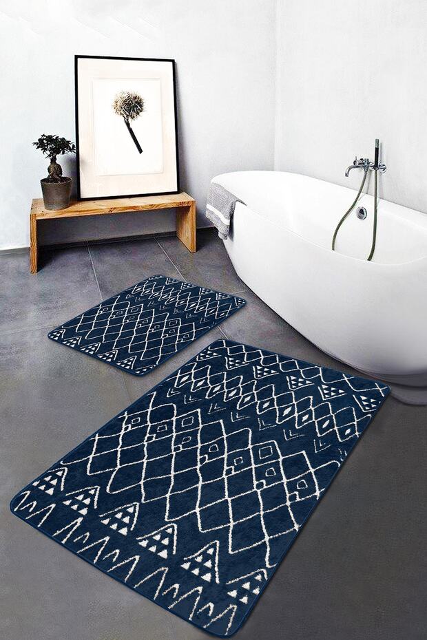 Traditional Geometric Ethnic Motifs with Authentic Motifs on Blue Background 2-Piece Bathroom & Kitchen Mat Set