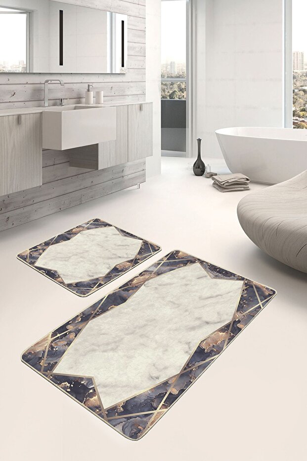 Set of 2 Antique Framed Motif Marble Patterned Geometric Classic 2-Piece Bathroom Mat Set