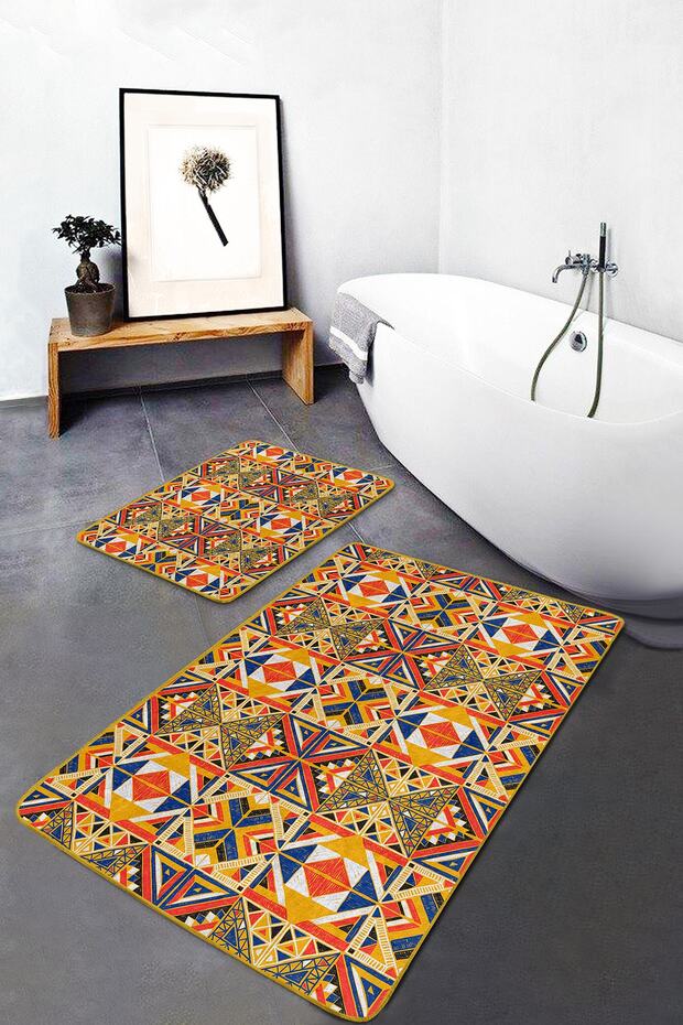Navy Blue - Tribal Geometric Ethnic Motifs with Ethnic Motifs on Mustard Floor Set of 2 Bath Mat