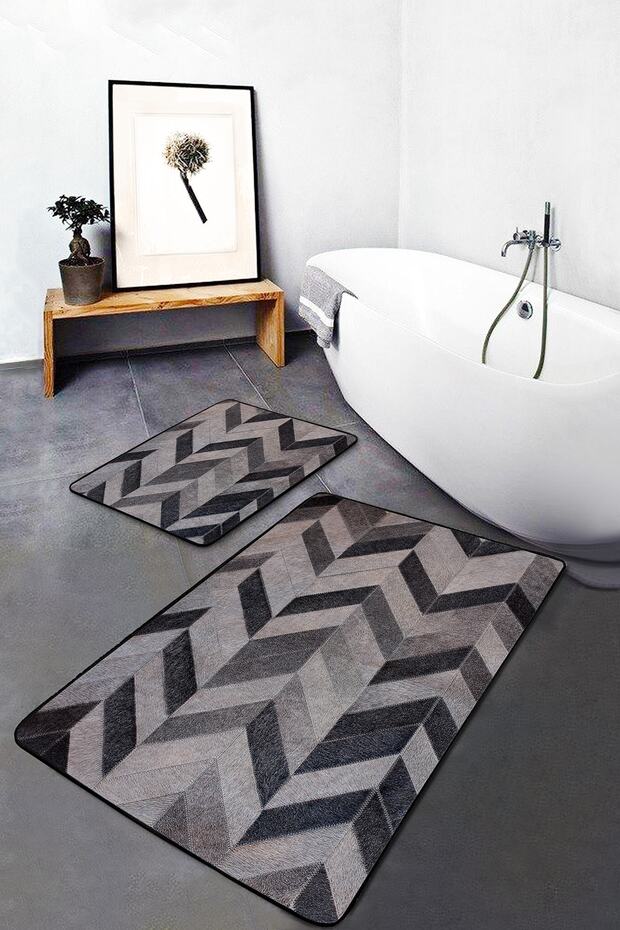 Cream - Brown Patchwork Motif Fur on the Floor Simple & Stylish Classic 2-Piece Bathroom & Kitchen Mat Set