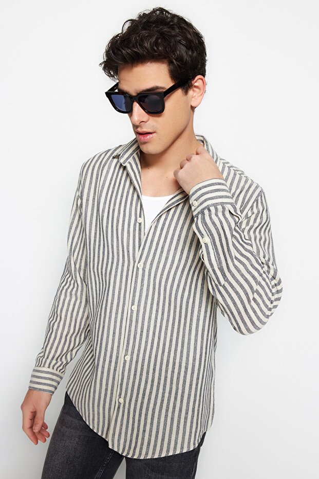 Lacivert Regular Fit Çizgili Dokulu Keten Görünümlü Gömlek TMNSS23GO00062 - 4