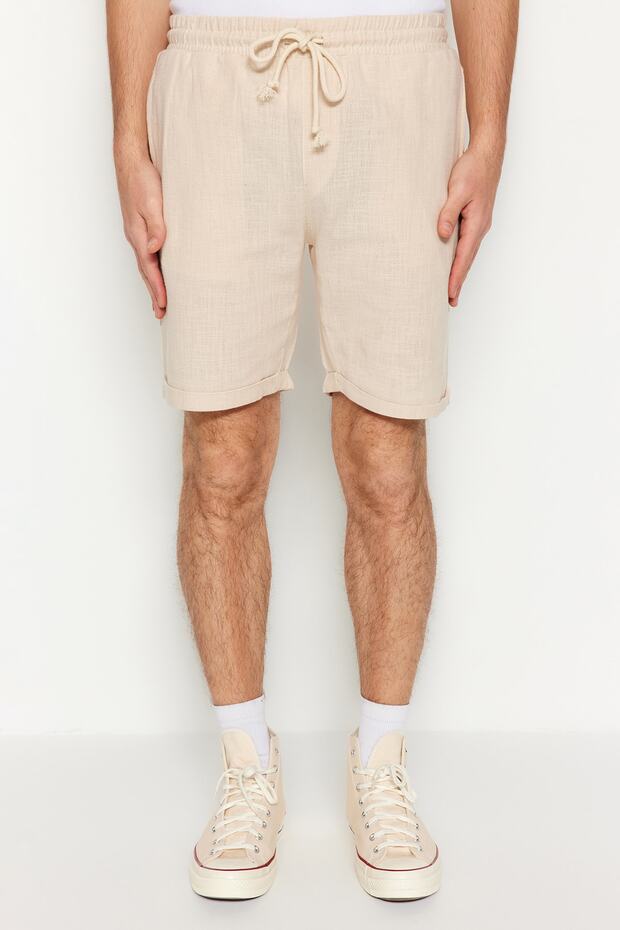 Ekru Normal Kesim/Regular Fit %100 Pamuk Keten Görünümlü Şort TMNSS23SR00030 - 6