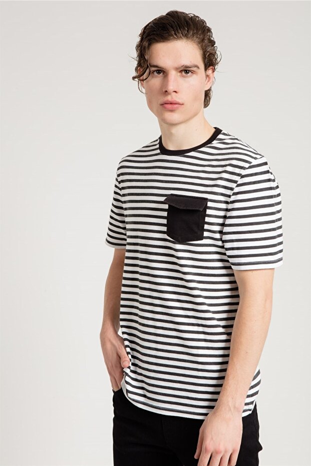 Black and White Striped Short Sleeve T-shirt with Front Pocket