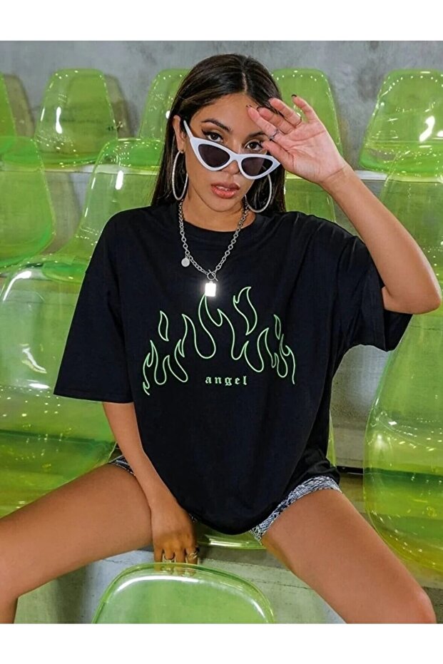 Women's Green Angel Printed Oversized Tshirt