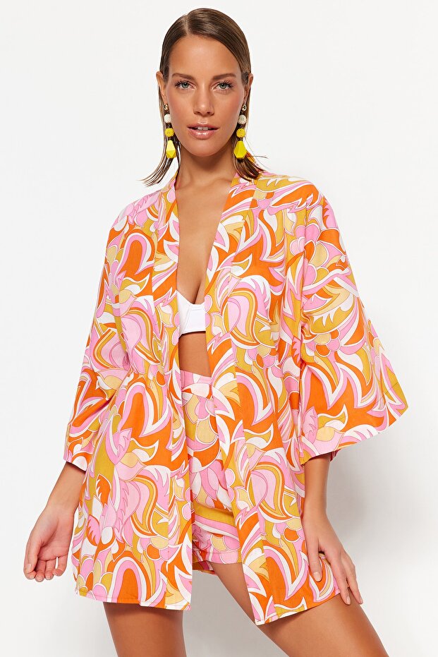 Soyut Desenli Dokuma %100 Pamuk Plaj Kimono&Kaftan TBESS23KM00040 - 1