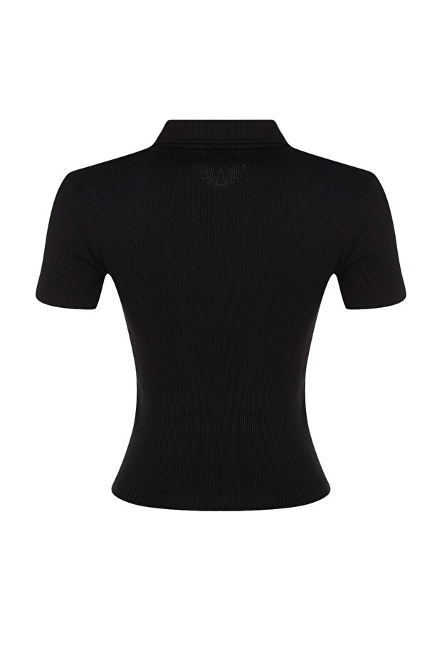 Siyah Fermuar Detaylı Fitted/Vücuda Oturan Polo Yaka Fitilli Esnek Örme Bluz TWOSS23BZ00496 - 8