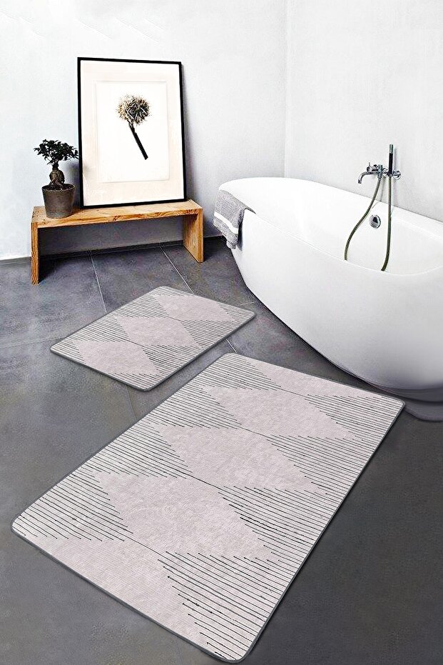 Geometric Tribal Patterned Geometric Classic 2-Piece Bathroom & Kitchen Mat Set with Geometric Motifs on Cream