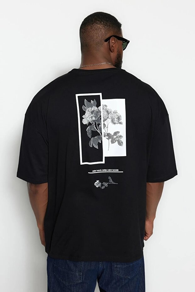 Siyah Büyük Beden Oversize/Geniş Kesim Rahat Çiçek Baskılı %100 Pamuklu T-Shirt TMNSS23TS00136 - 2