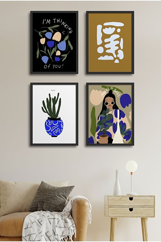 Framed? 4 Piece''You'Re Babe'' Painting Set? 18X23 cm 30X40 cm Black and White Wooden Frame? D-022