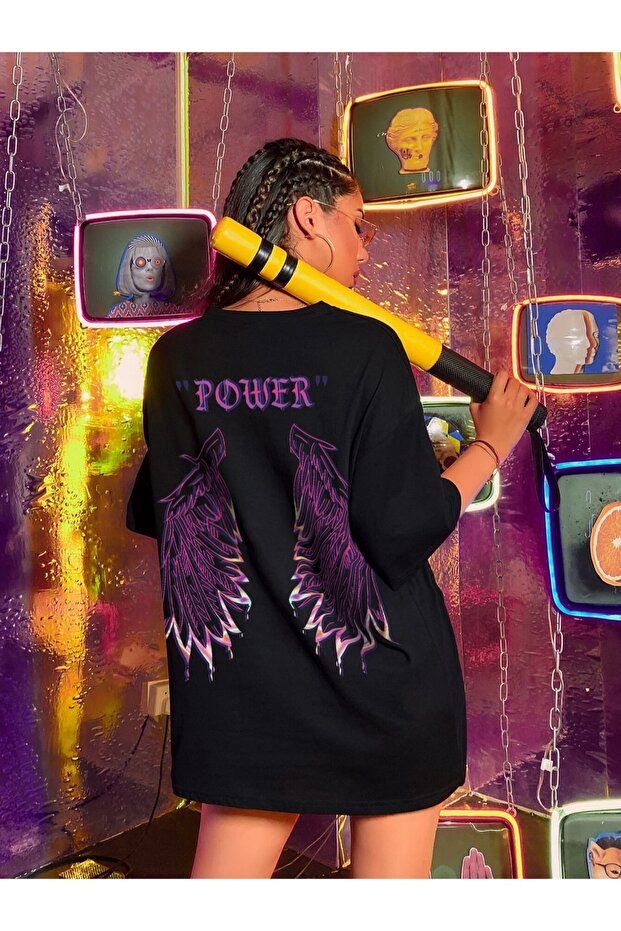 Large Size Black Unisex Oversize T-shirt with Power Written on the Front and Wings Printed on the Back