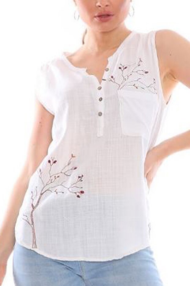 Women's White Tree Embroidered Button Detailed Sleeveless Blouse