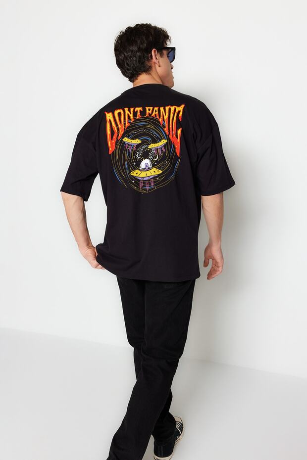 Siyah Oversize/Geniş Kesim Uzay Baskılı %100 Pamuklu T-Shirt TMNSS23TS00120 - 3
