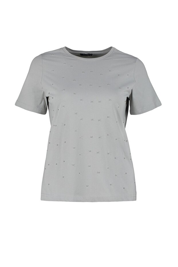 Gri Bisiklet Yaka Aksesuarlı %100 Pamuk Örme T-shirt TBBSS23BF00005 - 6